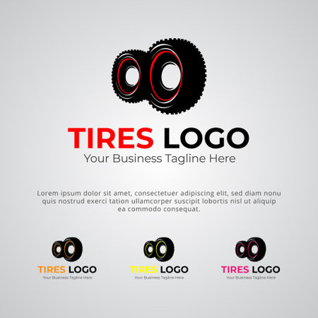 The Tires logo template features a bold and modern design, with a sleek tire graphic and stylish typography. Perfect for a brand looking to convey strength, durability, and sophistication.のイラスト素材