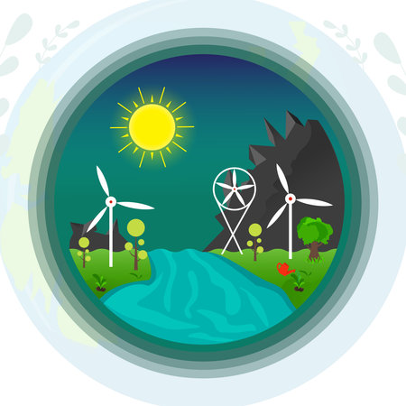 Ecology concept. Vector illustration of a flat design of a windmill in the field.のイラスト素材