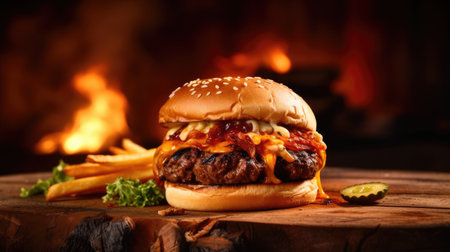Cheese burger - American cheese burger with fresh salad on wooden tableの素材