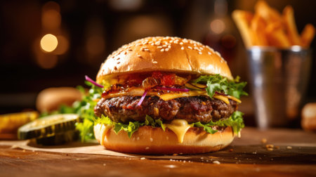 Cheese burger - American cheese burger with Golden French fries and fresh vegetablesの素材