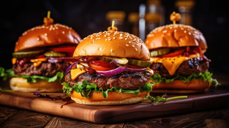Two tasty hamburgers with beef and vegetables on a wooden tableの素材