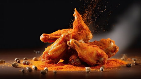 Crispy fried chicken wings with spices on a black background.の素材