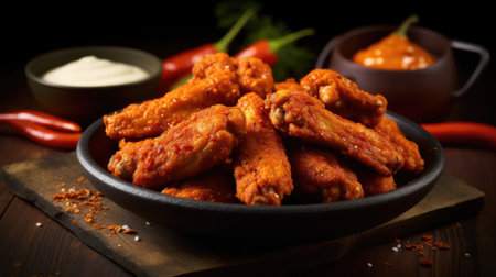 Chicken wings with spicy sauce and mayonnaise on dark backgroundの素材