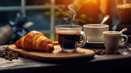 Two cups of coffee and a croissant on a wooden table.の素材