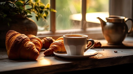 Cup of coffee and croissants on the windowsill in the morningの素材