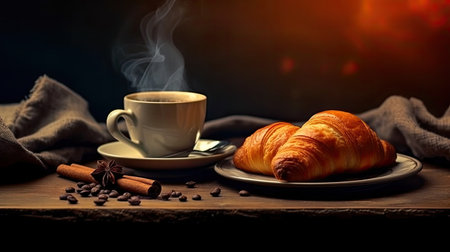Coffee cup and croissants on a wooden table.の素材