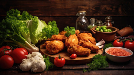 Tasty fried chicken with vegetables on wooden backgroundの素材