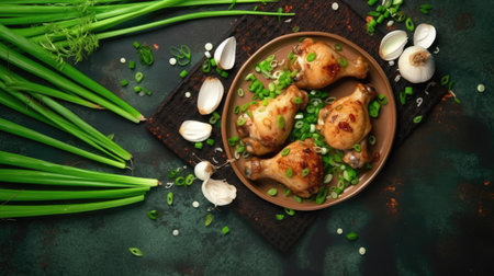 Grilled chicken drumsticks with green onion and garlic on dark backgroundの素材