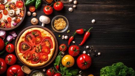 Vegetarian pizza with mushrooms, tomatoes, and basil on wooden backgroundの素材