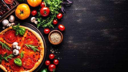 Pizza with tomatoes, mushrooms, and basil on black wooden background.の素材