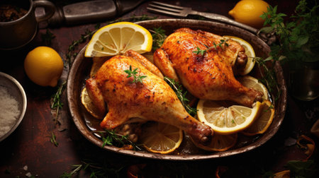 Baked chicken with lemon and herbs on a wooden tableの素材