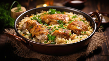 Chicken thighs with couscous and rice on a wooden backgroundの素材