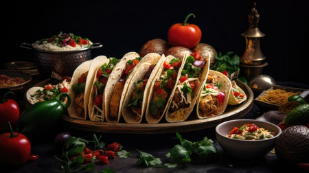 Traditional mexican tacos with meat and vegetables on dark background.の素材