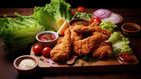 Crispy fried chicken nuggets with sauce and vegetables on wooden boardの素材