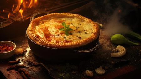 Tasty homemade pie with meat and vegetables in a baking dish on the tableの素材