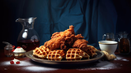 Traditional belgian waffles with fried chicken on a dark backgroundの素材