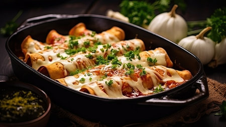 Pancakes stuffed with meat, cheese, and vegetables in a baking dish with a backgroundの素材