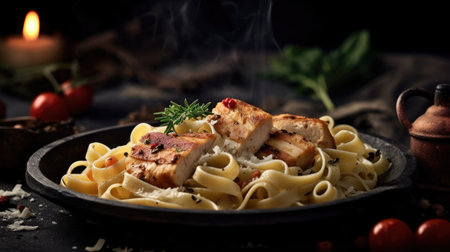 Fettuccine pasta with grilled chicken fillet on black backgroundの素材