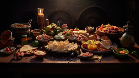 Traditional mexican food on dark background. Nachos, guacamole, salsa, nachos, cheese, meatballs, olives, tortilla chips, and jalapeno peppers on wooden with black backgroundの素材