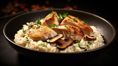 Delicious risotto with grilled chicken fillet and mushrooms on black backgroundの素材