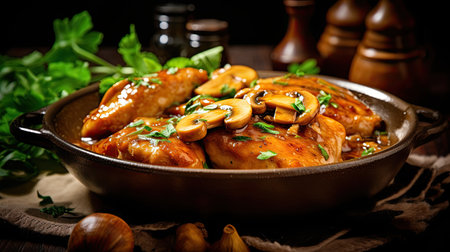 Chicken teriyaki with mushrooms and parsley in a pot on a wooden tableの素材