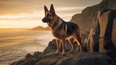 German shepherd dog on a rocky coast at sunset in the evening.の素材