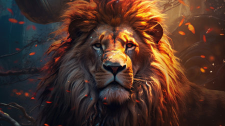 Lion with a big mane in the forest. 3d renderingの素材