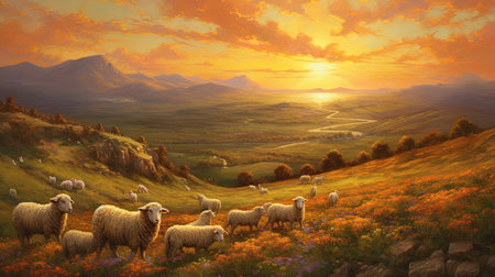 Flock of sheep on mountain meadow at sunset. Digital paintingの素材