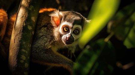 Close-up portrait of a cute lemur monkey in the jungleの素材