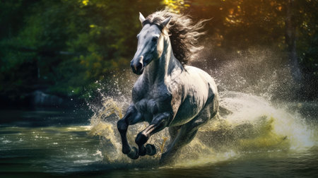 Beautiful gray horse galloping in water on a sunny day.の素材