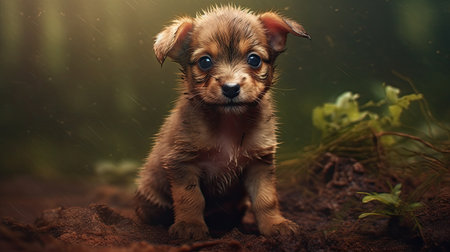 Cute little chihuahua puppy sitting on the soil.の素材