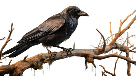 Raven (Corvus corax) on branch isolated on white backgroundの素材