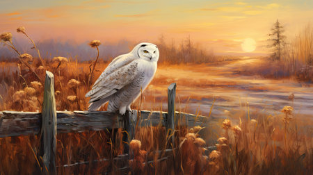 Snowy owl sitting on a fence at sunset, 3d renderの素材