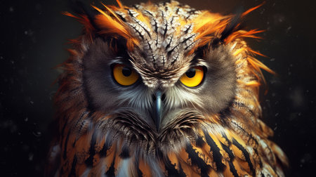 Beautiful owl with orange eyes on a dark background. 3d renderingの素材