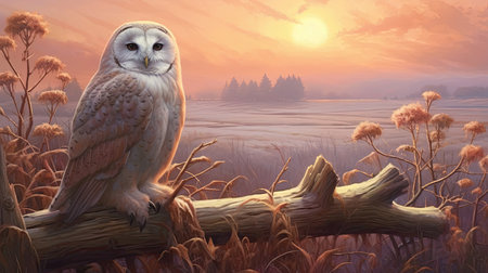 An owl sits on a tree branch in a field at sunsetの素材