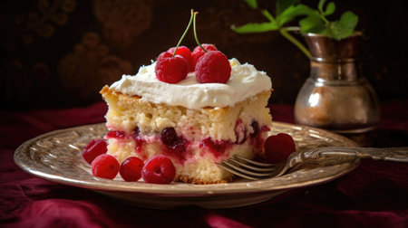 Cake with raspberries and cherries on a dark backgroundの素材