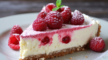 Raspberry cheesecake with fresh raspberries on a white plate.の素材
