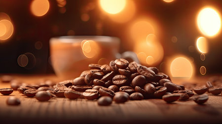 coffee beans on a wooden table with bokeh lights backgroundの素材