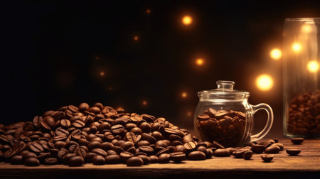 Coffee beans on wooden table and coffee jar on dark backgroundの素材