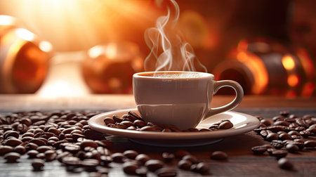 Coffee cup and coffee beans on a wooden table backgroundの素材