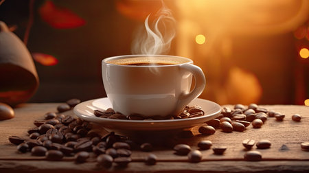 Coffee cup and coffee beans on a wooden table. Coffee backgroundの素材