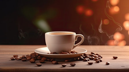 Cup of coffee with beans on a wooden table and a bokeh backgroundの素材