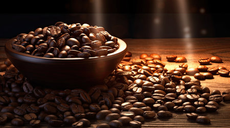 Coffee beans in a bowl on a wooden table with a beam of light dark backgroundの素材
