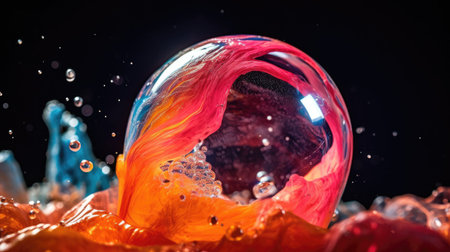 Beautiful soap bubble on black background. Close-up view.の素材