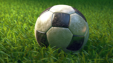 Soccer ball on green grass background. 3d render image.の素材