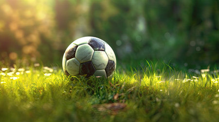Soccer ball on green grass. Close-up of a soccer ball on grass.の素材