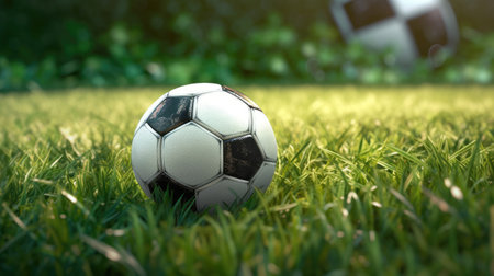 Soccer ball on green grass with bokeh background, football fieldの素材