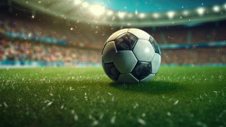 Soccer ball on the field of the stadium. 3D rendering.の素材