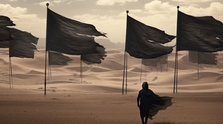 3D rendering of a man in the desert with black flags wavingの素材