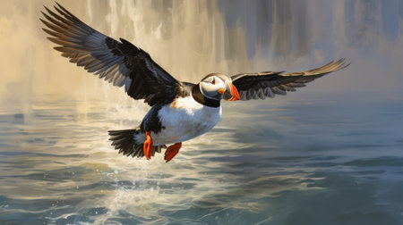Puffin flying over the water with its wings outspread.の素材